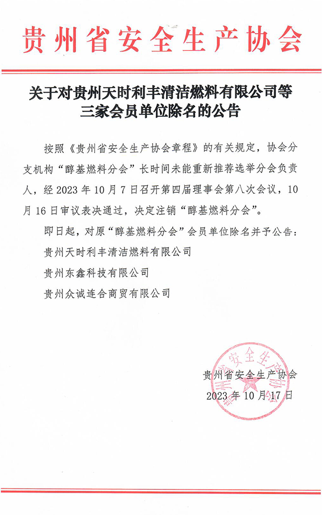 关于对贵州天时利丰清洁燃料公司等三家会员单位除名的公告